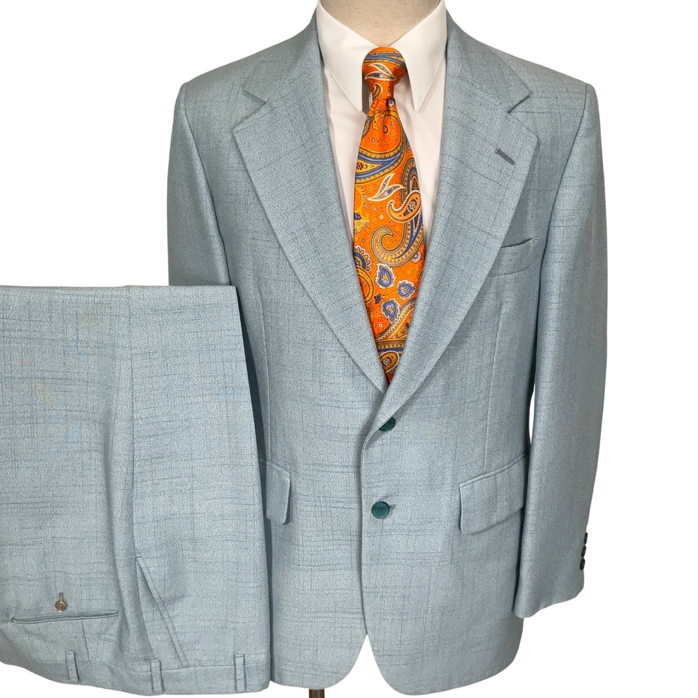 Johnny Carson Suit Mens 41R 35W 31L Light Blue Windowpane 70s Style Retro Kitsch